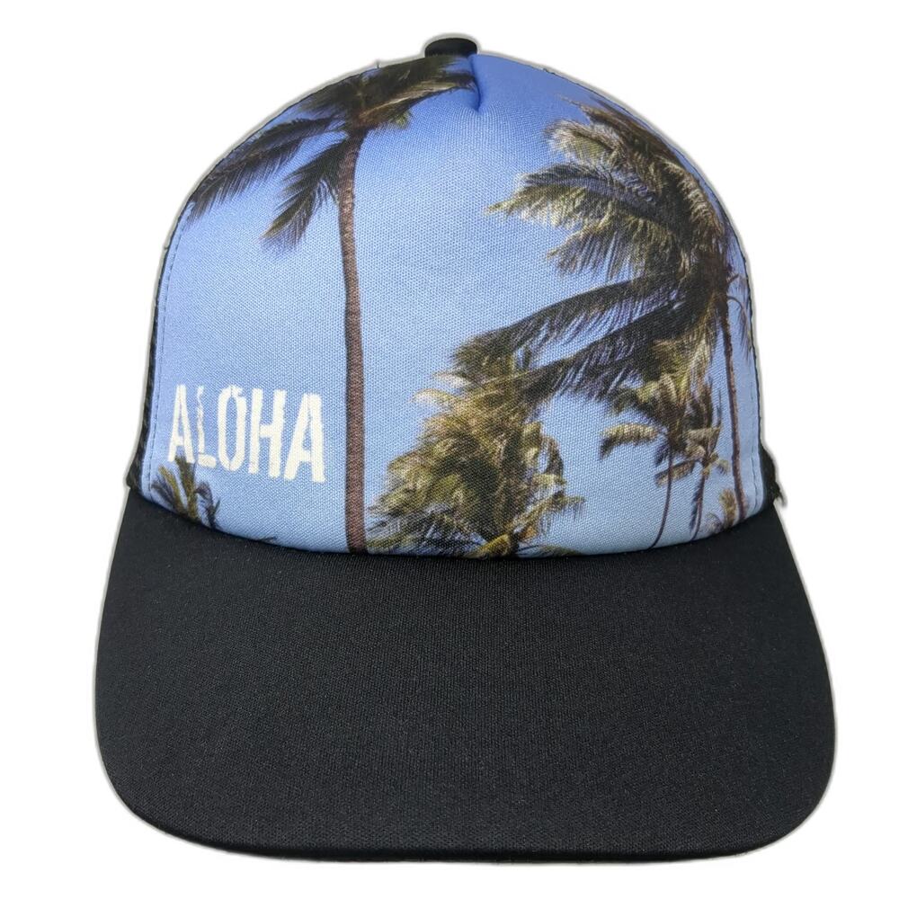 Surfware Blue Trucker Hat One Size Aloha Palm Tree Graphic Print Snapback Black